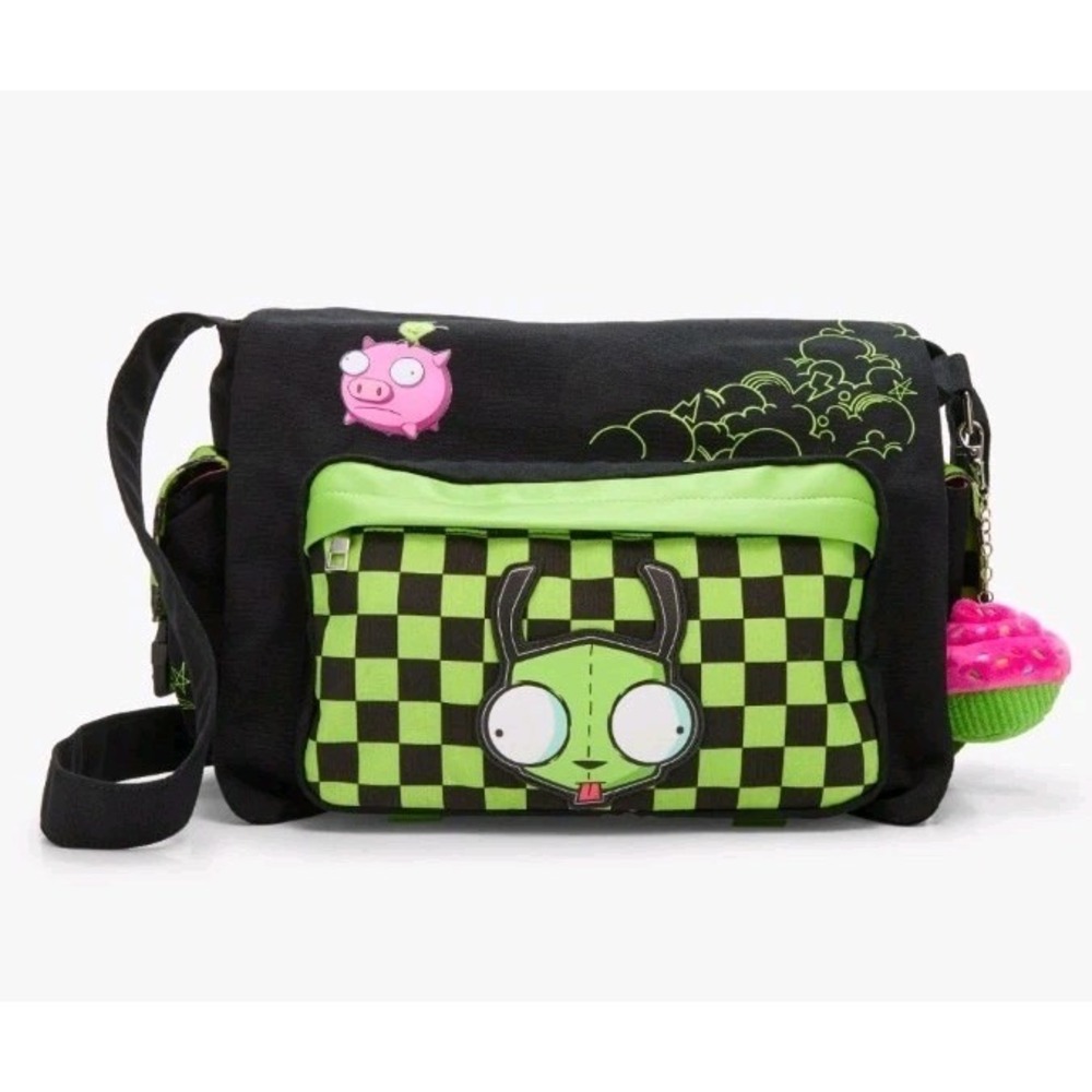NEW Invader Zim GIR Checkered Messenger Bag And Plush Cupcake Bag Charm 14x4x10